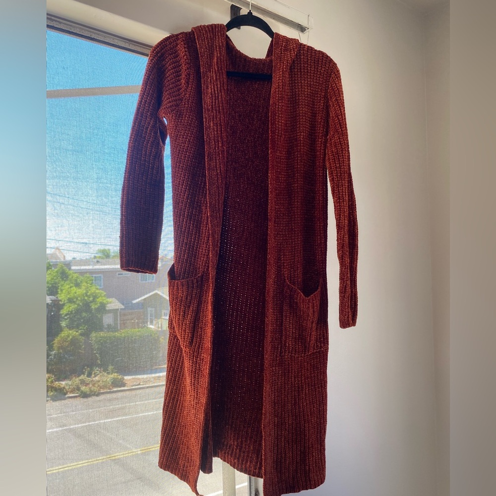 Rust Long Knit Cardigan with Pockets and Hood